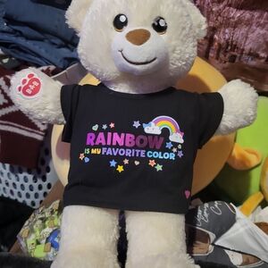 Build-A-Bear Cream Teddy with Black Rainbow Shirt